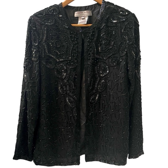 🎉HP! ❤️ Vintage Gothic x Steampunk Adrianna Papell Black Silk Beaded Jacket - Picture 3 of 9